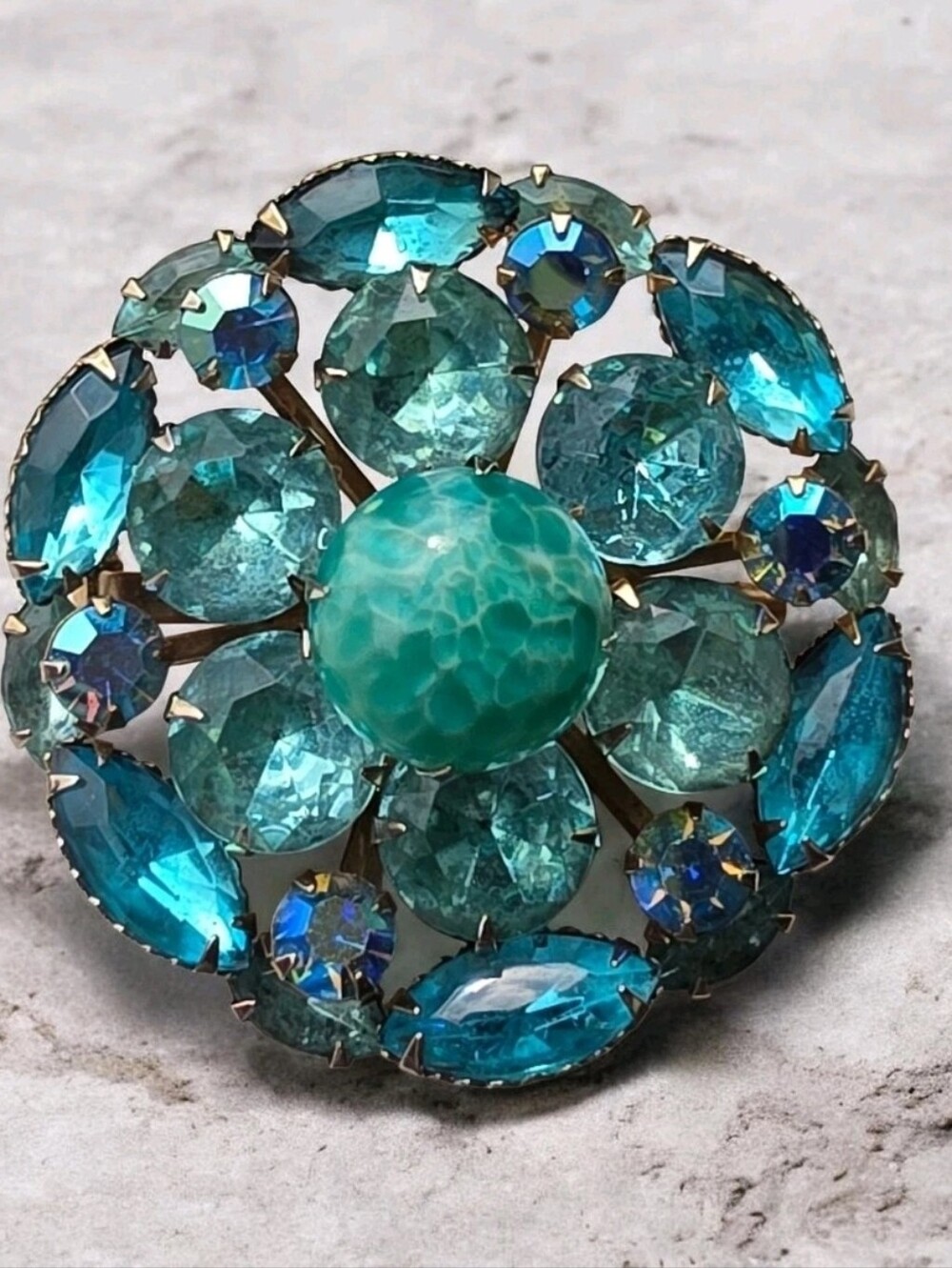 Vintage Aqua Blue Rhinestone Brooch AB Crystal Art Glass Cabochon 2”